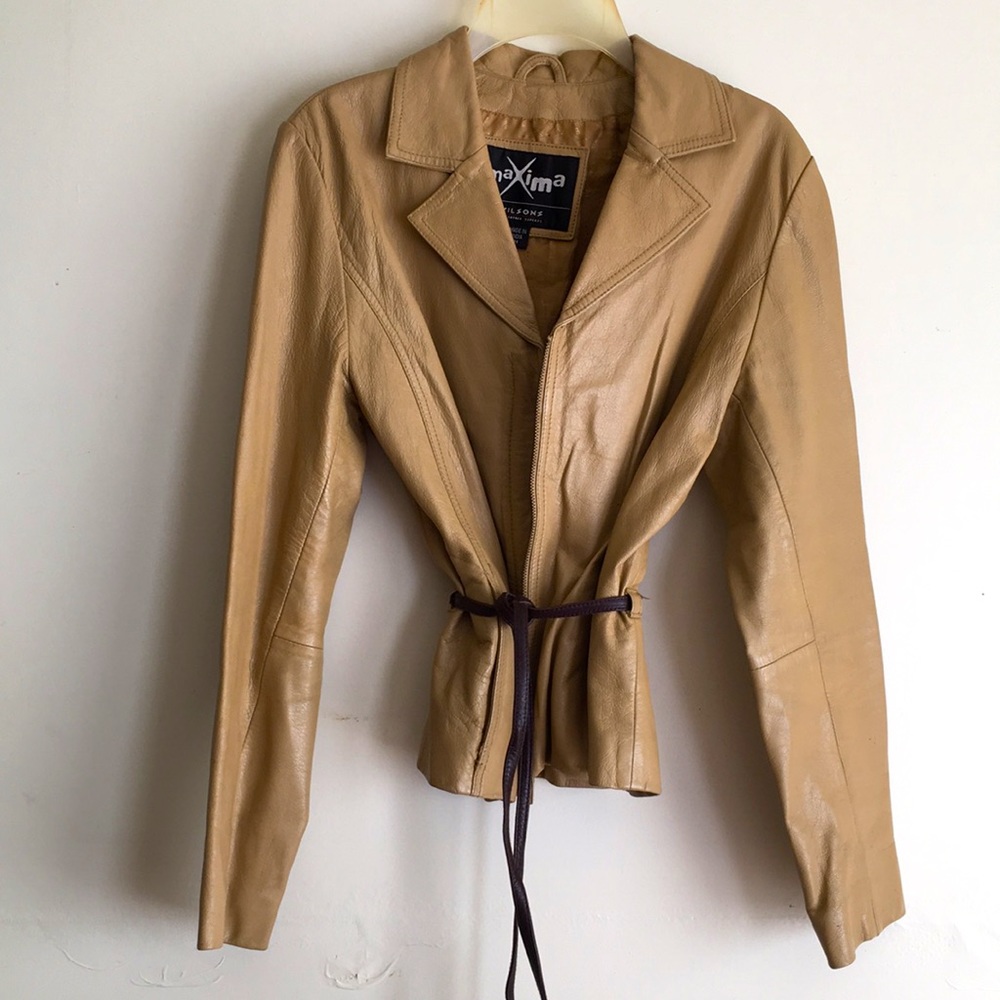 Maxima Vintage 100% Leather Waist Tie Beige Jacket